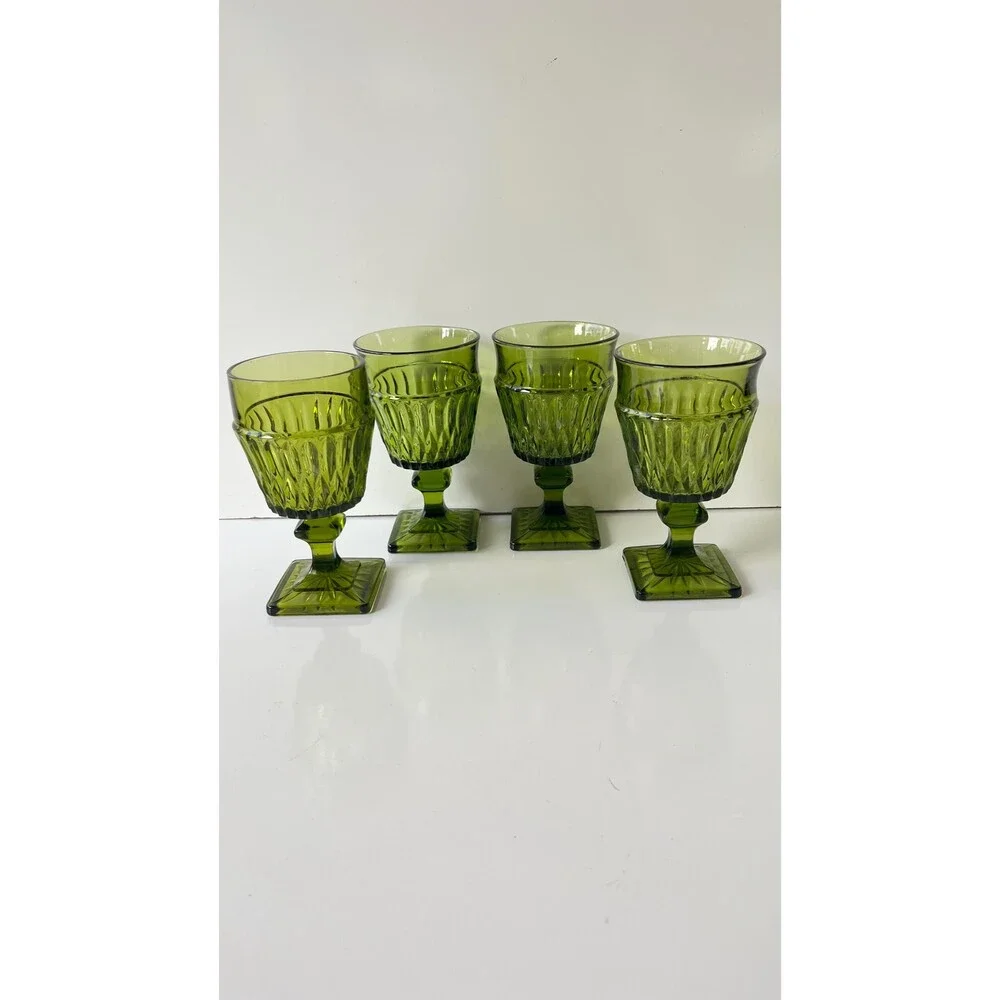 Set Of 4 Vintage Green Glass Goblets With Textured Design & Square Base